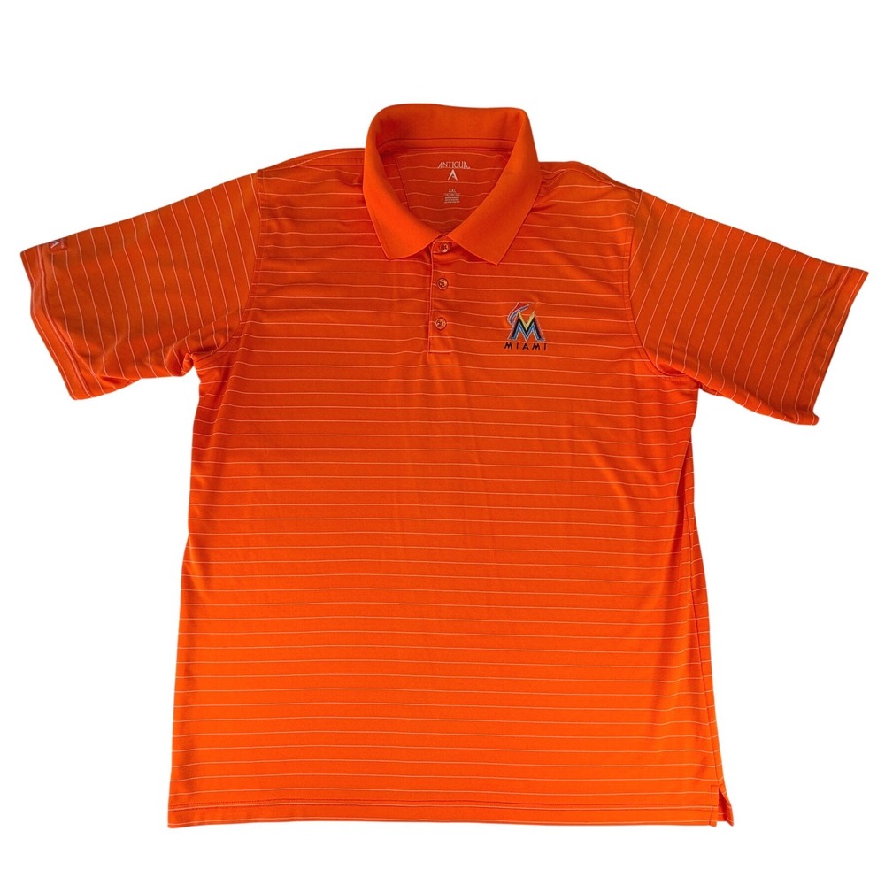 Antigua Miami Marlins MLB Mens XXL Orange Striped Short Sleeve Polo Shirt - Picture 2 of 6